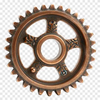 A decorative bronze gear with intricate teeth and engravings.