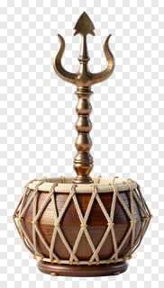 A bronze trishul standing on a wooden damru drum.