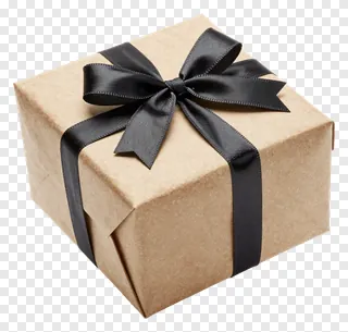 A brown paper gift box tied with a black bow.