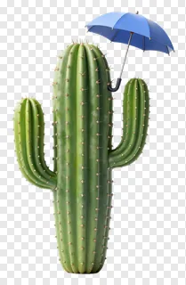 A green cactus holding a blue umbrella.