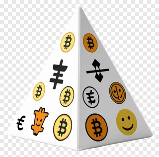 White cartoon tetrahedron covered in gold coin symbols and emojis.