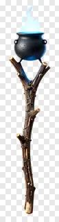 Black cauldron floating above a twiggy broomstick, emitting blue fire.