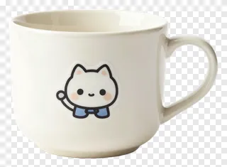 White ceramic teacup with a cartoon cat design and handle.