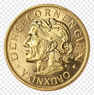 A gold coin with a profile portrait and engraved text.