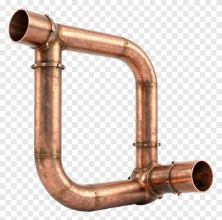 Copper exhaust pipe with bends and clamps.