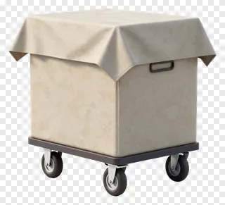 A covered delivery cart on wheels with a patterned cloth cover.