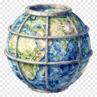 Watercolor globe encased in a metal cage structure.