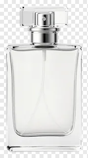 An empty glass perfume bottle with a silver cap.