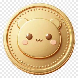 A golden coin with a cute bear face design.