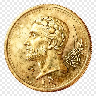 A gold coin with a bearded man's profile.