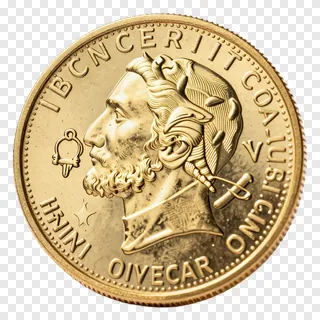 A gold coin with a bearded male profile and Latin text.
