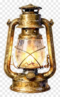 A watercolor-style brass oil lamp with a glowing glass globe.