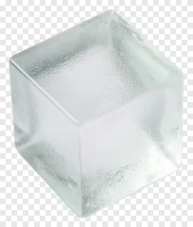 A frosted glass cube with condensation droplets, tilted on a white surface.