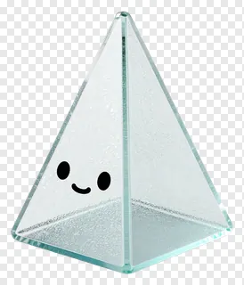 A tilted frosted glass pyramid with a smiling face.
