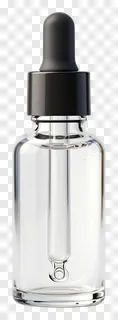 Clear glass dropper bottle with black cap.