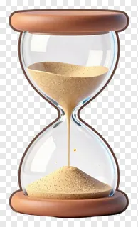 A glass hourglass with sand flowing between two bulbs.
