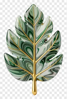 A glass leaf with marbled green and white patterns and gold veins.