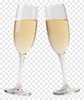 Two champagne glasses filled with golden liquid standing side by side.