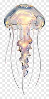 A glowing glass jellyfish with translucent tentacles.