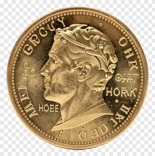 A gold coin with a bearded man's profile.