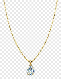 Gold necklace with a pear-shaped crystal pendant.