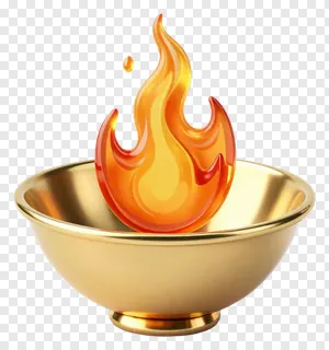 A golden bowl with a flame and a droplet.