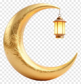A golden crescent moon with a hanging lantern.