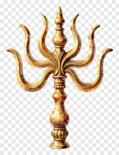 Golden ornate trishul with curved prongs.