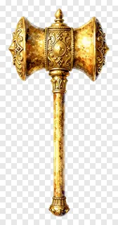 A golden ornate gada mace with detailed engravings.