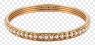 A gold bangle with pearls set in a single row.