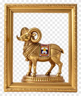 Golden ram idol displayed in a decorative frame.