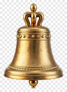 A golden temple bell with decorative patterns.