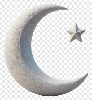 Gray crescent moon and star with embossed details.