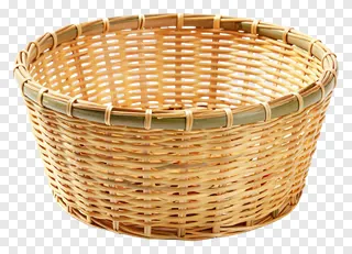 A light brown woven bamboo daura basket with green trim.