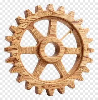 A hand-carved wooden gear wheel with visible wood grain.
