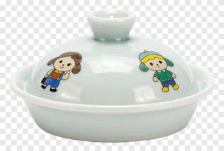 Ceramic bowl lid with cartoon children illustration.