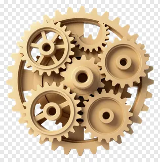 Set of beige paper gears interlocked and turning.