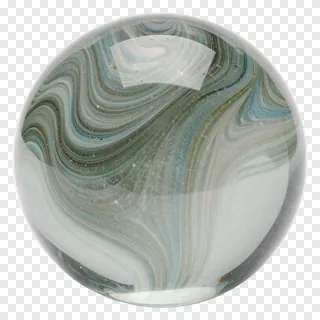 A marbled glass paperweight sphere with swirling blue, green, and white patterns.