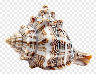 A marbled glass seashell with brown and white swirls.