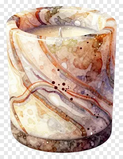 Cylindrical candle holder with marble-like swirls.