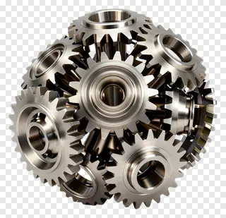 A cluster of meshed metallic gears forming a sphere.