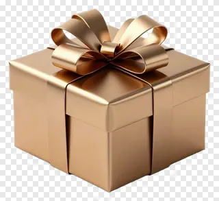 A metallic gold gift box with a bow.