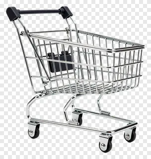 A miniature shopping cart with chrome frame and black wheels.