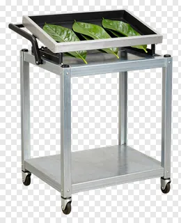 Metal cart with wheels and tray holding tea leaves.