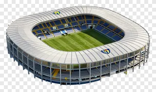 A 3D model of a modern football stadium with green field and blue seats.