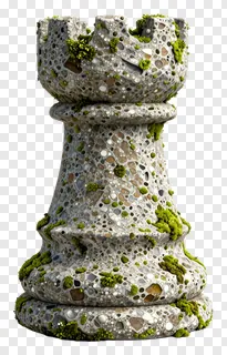 A stone chess rook covered in moss.