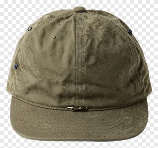Olive green cap with metal buckle on brim.