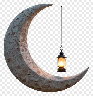 A decorative crescent moon with a hanging lantern.