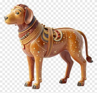 A decorated dog statue with ornate jewelry.