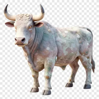 A patterned Nandi bull statue in three-quarter view.
